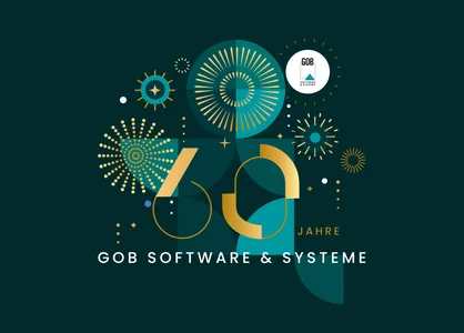 Jubiläumsgrafik zum 60-jährigen Bestehen der GOB Software & Systeme mit goldenen Designelementen