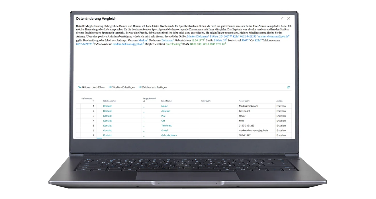 The AI basics add-on in use: master data comparison and change request Screenshot of a unitop function with AI basics add-on: comparing data for change requests on laptop