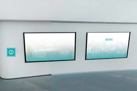 Infobereich im Atrium des Virtuellen Campus, mit Monitoren zu Team GOB und aktuellen News