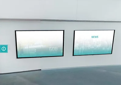 Infobereich im Atrium des Virtuellen Campus, mit Monitoren zu Team GOB und aktuellen News