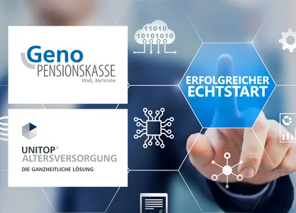 unitop-Echtstart bei der Geno Pensionskasse VVaG, Karlsruhe | 1905 x 425 Pixel Visualisierung des erfolgreichen Echtstarts der Geno Pensionskasse mit unitop Altersversorgung
