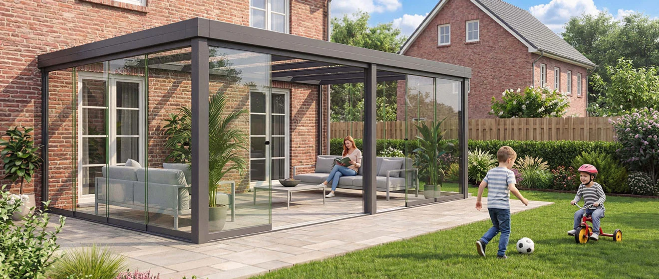 Terrassenlösung von Outdoor Queen Verglaste Terrasse an einem Backsteinhaus mit Sitzbereich und spielenden Kindern im Garten.