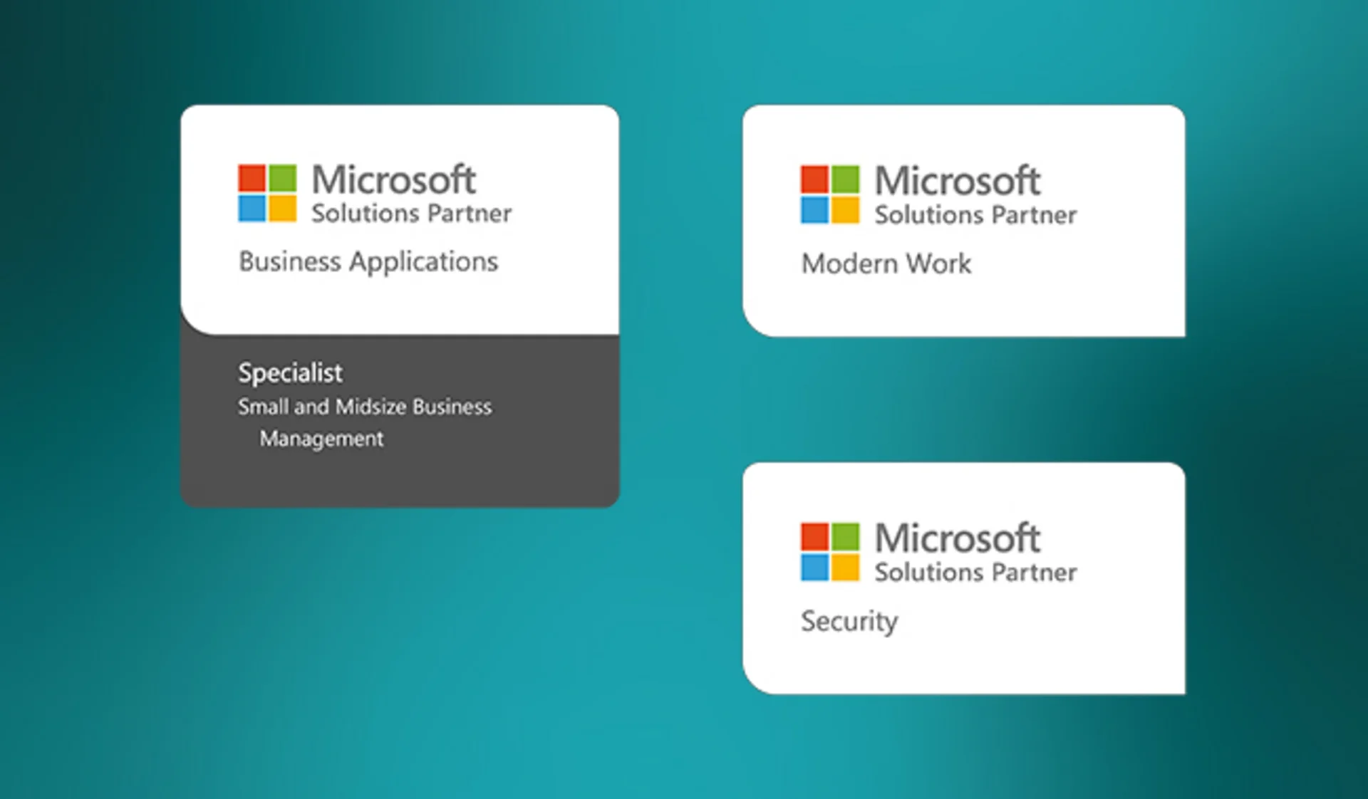 We are a Microsoft Solutions Partner in Business Applications, Modern Work and Security Graphic with three Solutions Partner badges: Business Applications, Modern Work and Security.