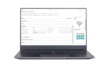 Item card ‘MB0040 · Funnel Model A’; Sustainability section with fields and options