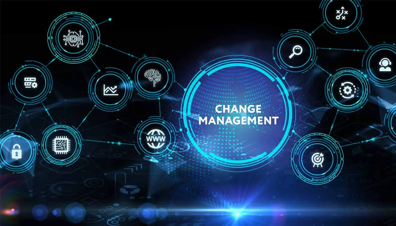 Visual representation of the change management process with networked icons and digital dashboard