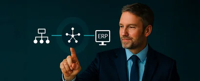 unitop HUB: Intelligente Schnittstelle zwischen internem Netzwerk und ERP Mann in Anzug tippt auf Symbol für zentrale Schnittstelle zwischen Systemlandschaft und ERP-System