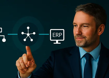 unitop HUB: Intelligente Schnittstelle zwischen internem Netzwerk und ERP Mann in Anzug tippt auf Symbol für zentrale Schnittstelle zwischen Systemlandschaft und ERP-System