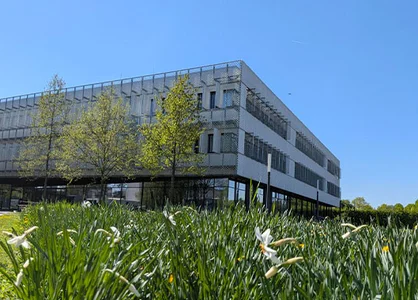 Modernes Campusgebäude der Hochschule Niederrhein, davor eine Narzissen-Wiese unter blauem Himmel.