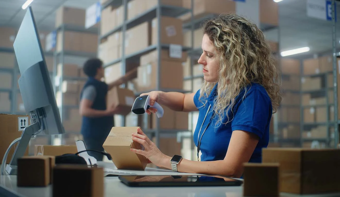 Warehouse worker scans parcel with barcode scanner for recording in the warehouse management system