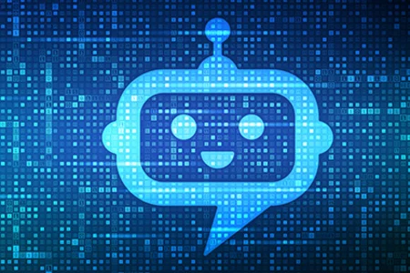 Microsoft Copilot: Symbolbild Ein leuchtendes Chatbot-Symbol auf blauem digitalen Hintergrund mit binären Datenmustern.