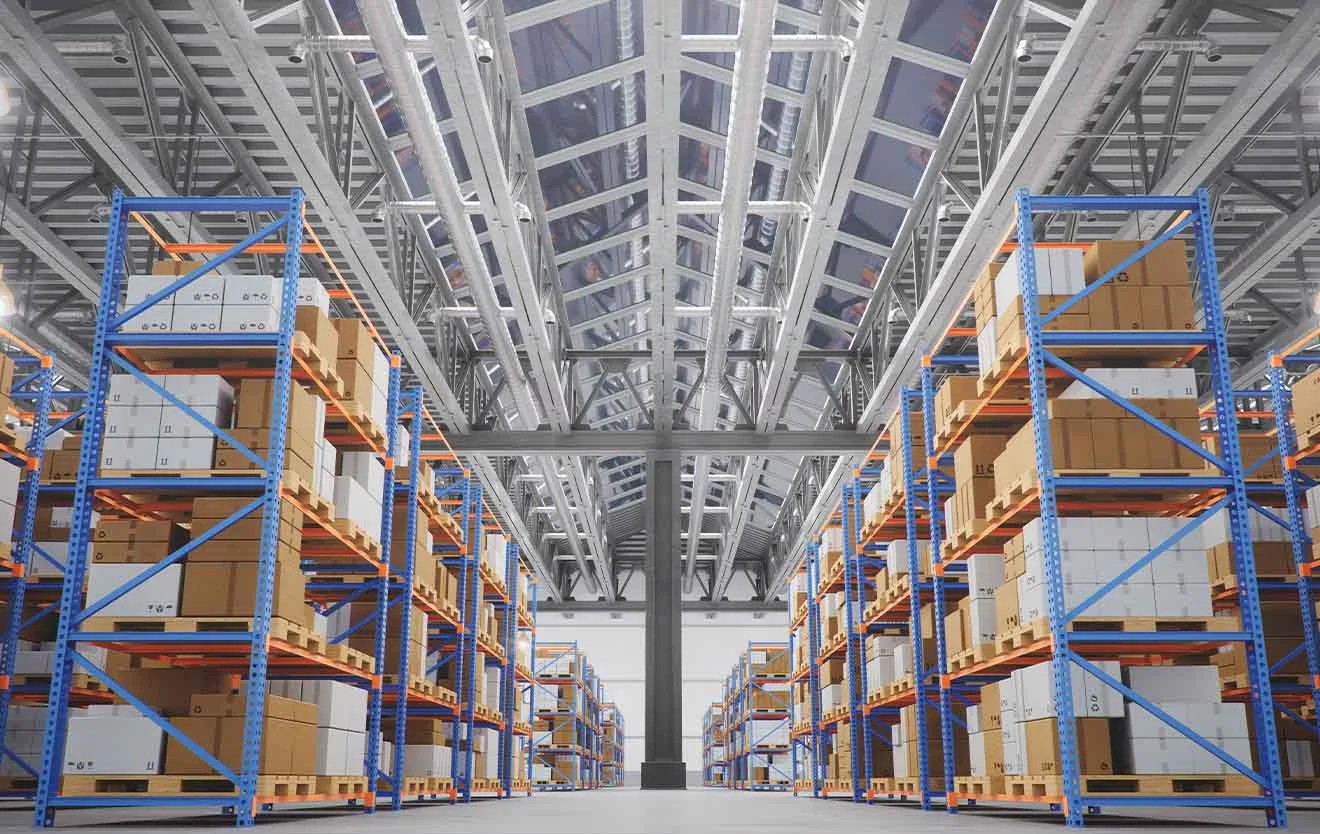View of a modern high-bay warehouse with palletised goods in the technical trade.