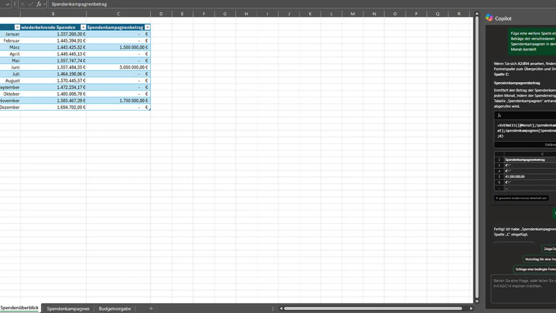 Microsoft 365 Copilot analysiert in Excel den Spendenkampagnenbetrag und stellt ihn tabellarisch dar