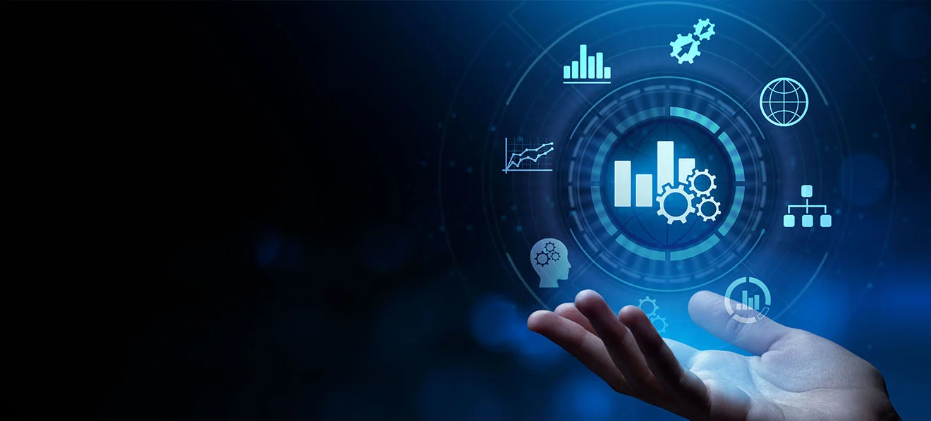 Datenanalyse mit Business Intelligence Offene Hand mit schwebenden Daten- und Analyse-Icons als Symbol für Business Intelligence und Daten