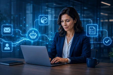 Frau am Laptop mit vernetzten KI-Symbolen und Chatbot-Symbol. (KI-generiert)