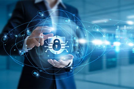 Security infrastructure – technology for effective IT protection Symbolic image: A digital shield with a lock in front of a server room with security infrastructure.