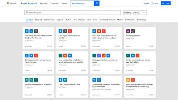 Screenshot Microsoft Power Automate: E-Mail-Erinnerungen, Push-Nachrichten & Wettervorhersagen