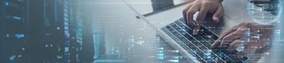 IT solutions in action | 1905 x 425 pixel Person controls IT processes via laptop keyboard; virtual data & server graphics in the Background