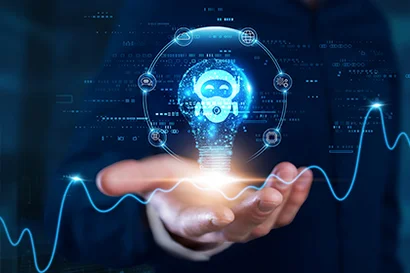 Microsoft Azure AI Foundry – made for powerful AI innovations One hand holds a glowing light bulb with AI symbols as a digital innovation concept