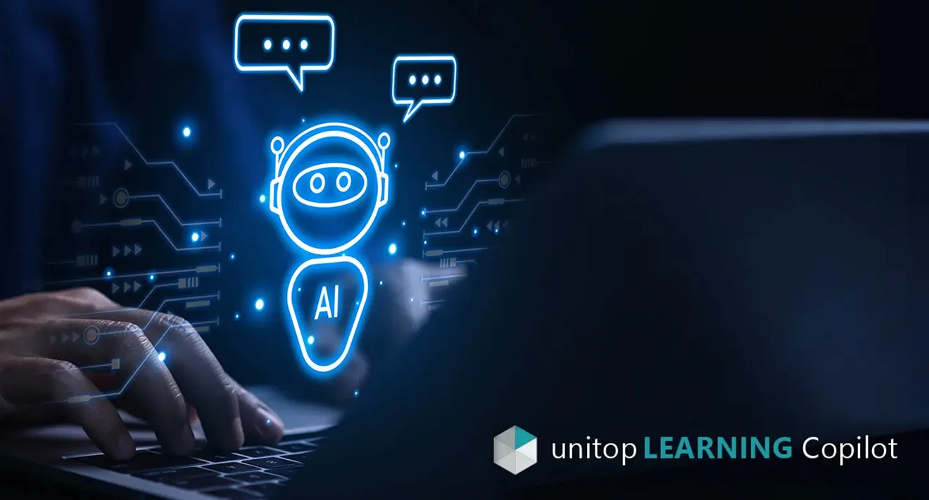 The unitop Learning Copilot is ready for use A person types on a keyboard while a holographic AI chatbot appears.