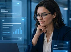 Eine Frau betrachtet digitale Analyseoberflächen mit eingeblendeten Diagrammen und Daten.