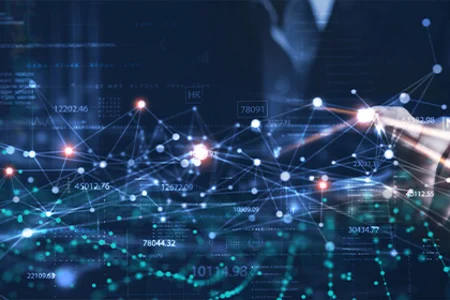 Highly interconnected infrastructure from the Cloud Virtual dashboard with highly networked IT infrastructure: person taps on node