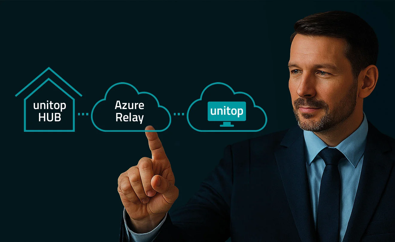 Mann in Anzug tippt auf Cloud-Visualisierung: Verbindung zwischen unitop HUB, Azure Relay & unitop