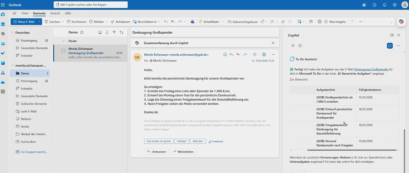 Outlook mit Copilot-Seitenbereich, in dem ein Agent Aufgaben für Microsoft To Do aus einer E-Mail erstellt.