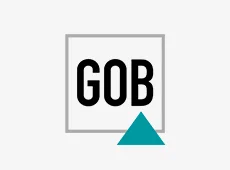 New GOB logo featuring black lettering within a grey square and a turquoise triangle.