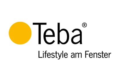 Logo von Teba mit gelbem Kreis und schwarzem Schriftzug „Lifestyle am Fenster“.