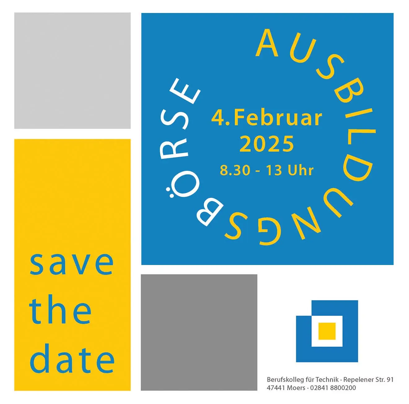 Save-the-Date-Flyer BKTM-Ausbildungsbörse am 4. Februar 2025, 8:30–13 Uhr, Berufskolleg für Technik