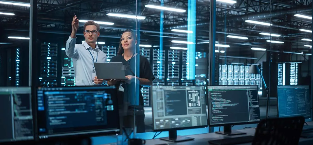 Infrastruktur-Beratung: IT-Experte zeigt Geschäftsfrau Optimierungswege.