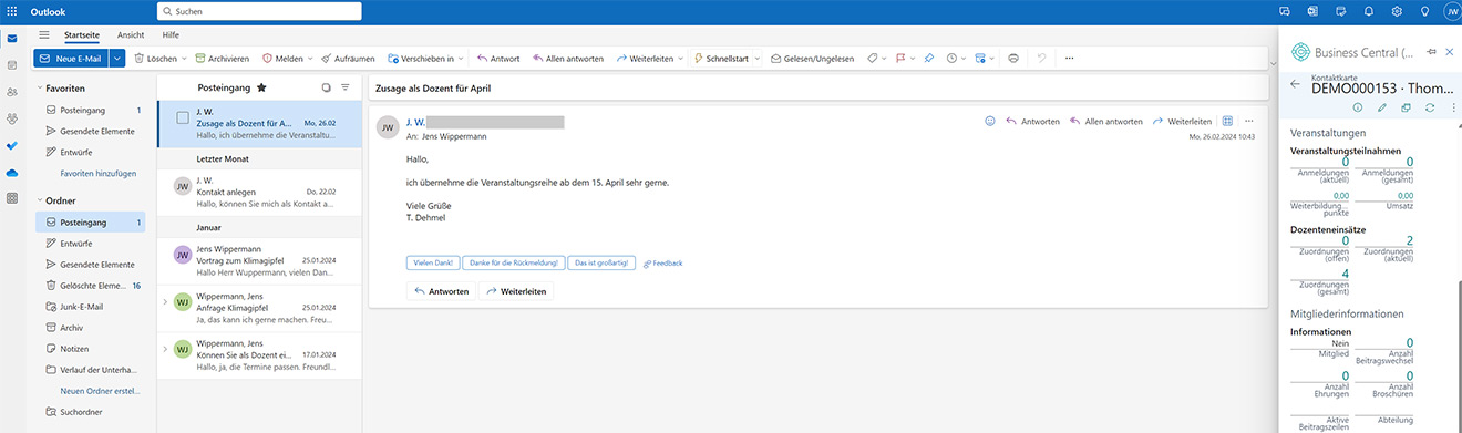 Screenshot: Outlook-Oberfläche mit unitop Akademie-Funktionalitäten und CRM-Panel.