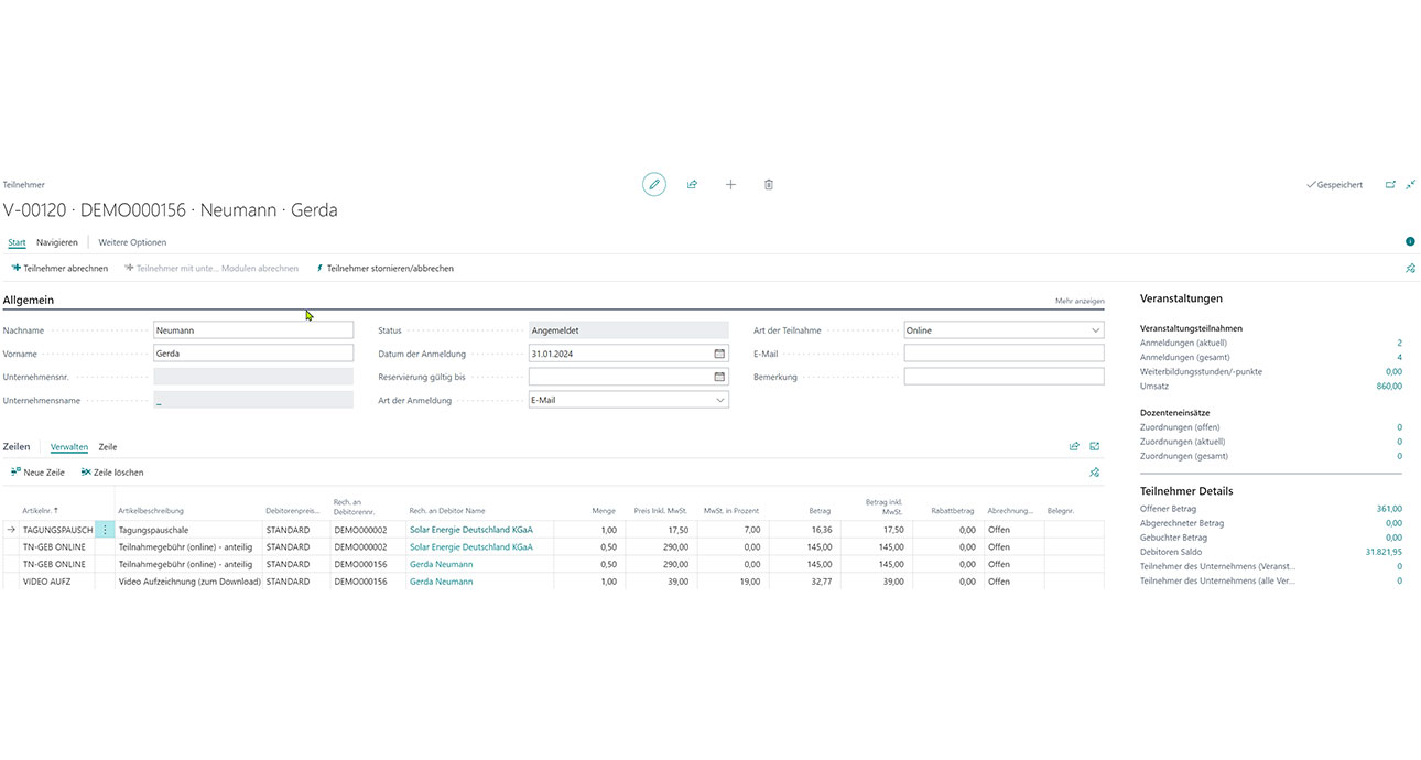 Screenshot: Teilnehmerdetails und gebuchte Leistungen in unitop Akademie-Lösung.