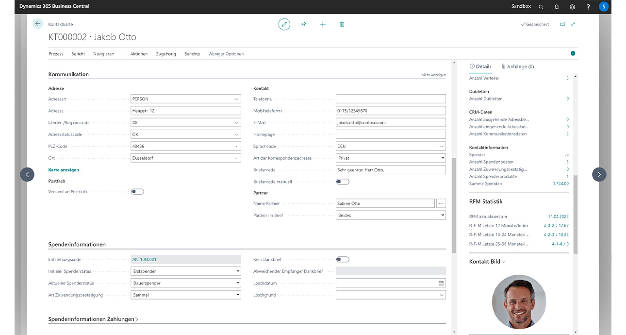 Kontaktkarte in Adressmanagement von unitop Fundraising Screenshot von Kontaktkarte in Adressmanagement von unitop Fundraising