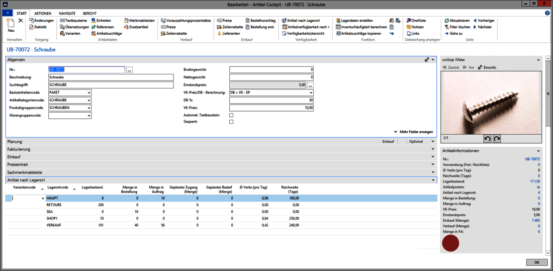 Screenshot: Item cockpit in unitop Trade Multichannel