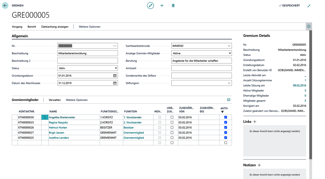 Screenshot aus unitop Verband: Gremien-Karte