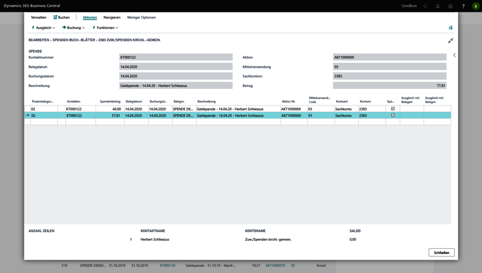 Screenshot aus unitop Verband: Spendenposten