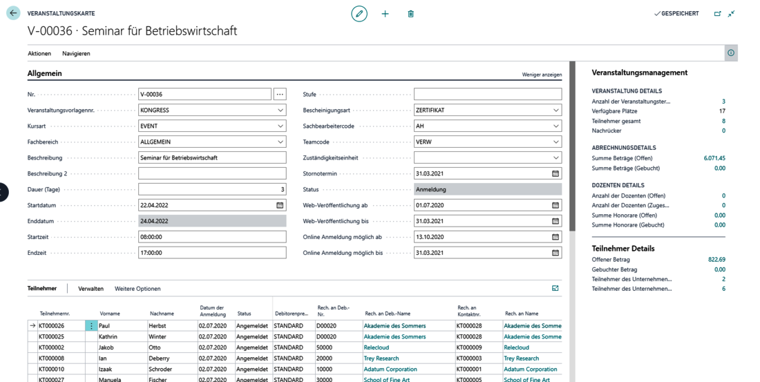 Screenshot: Karte zur Veranstaltungsverwaltung in unitop Verband