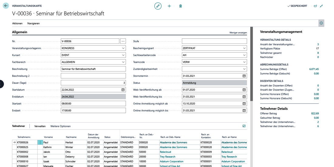 Veranstaltungsmanagement in unitop Verband Screenshot: Karte zur Veranstaltungsverwaltung in unitop Verband
