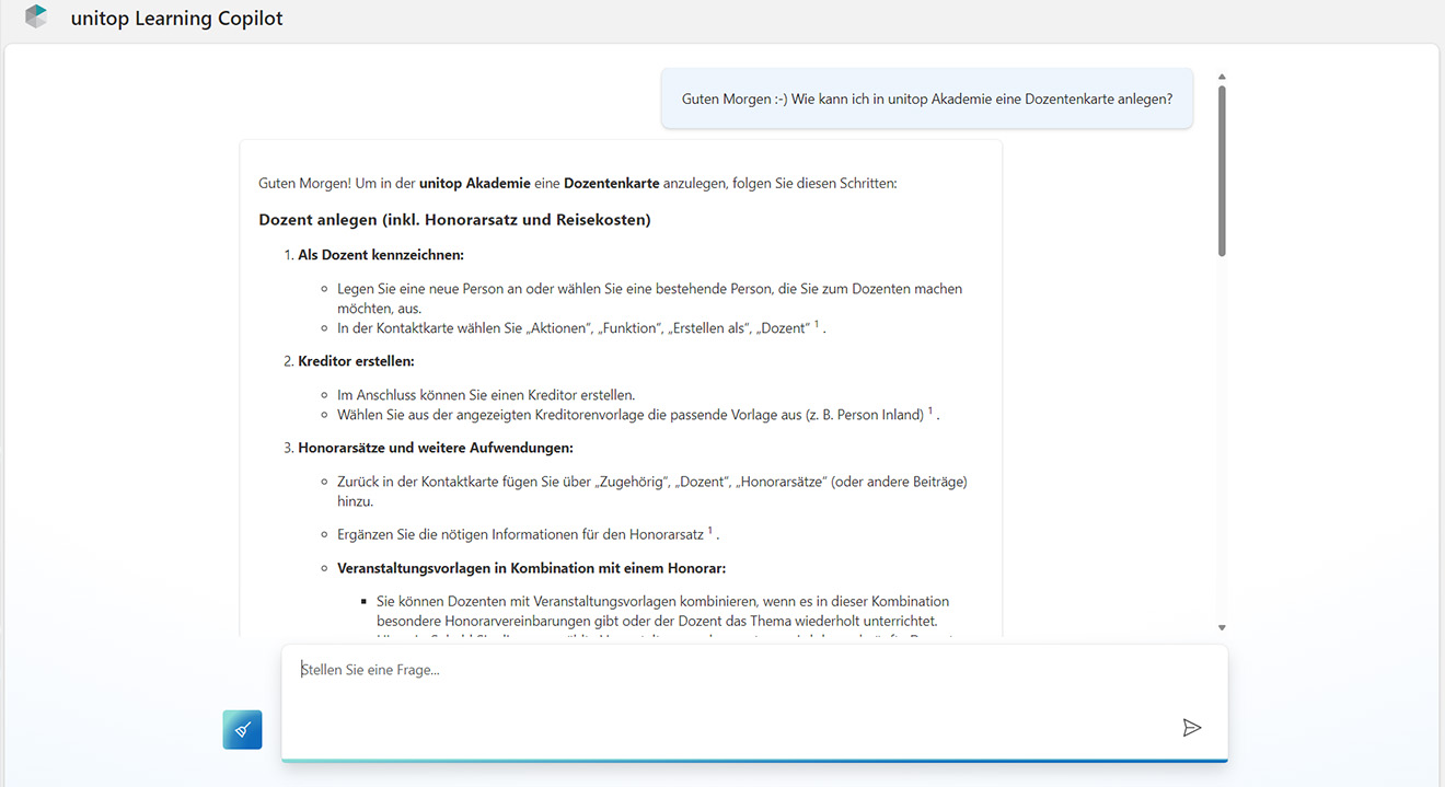 Anleitung zur Erstellung einer Dozentenkarte in unitop Akademie: Antwort von unitop Learning Copilot