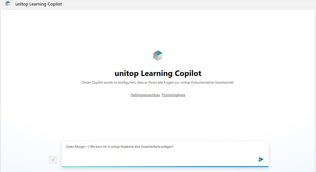 Einstiegsseite von unitop Learning Copilot mit Frage im Dialogfeld