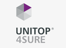 hexagonal unitop4sure logo with purple-coloured triangle at top Right