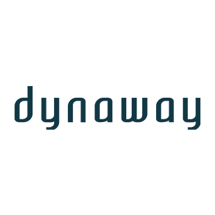 Dynaway: logo Logo of the company Dynaway with dark blue, rounded lettering on a white Background