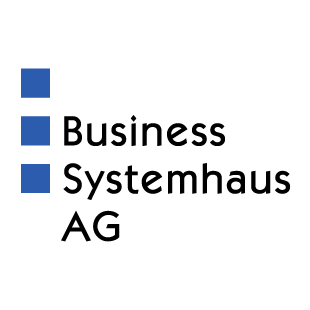 Logo der Business Systemhaus AG mit drei blauen Quadraten in vertikaler Anordnung auf weißem Grund