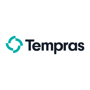 Tempras: logo Tempras logo with stylised turquoise target graphic and dark blue lettering on White
