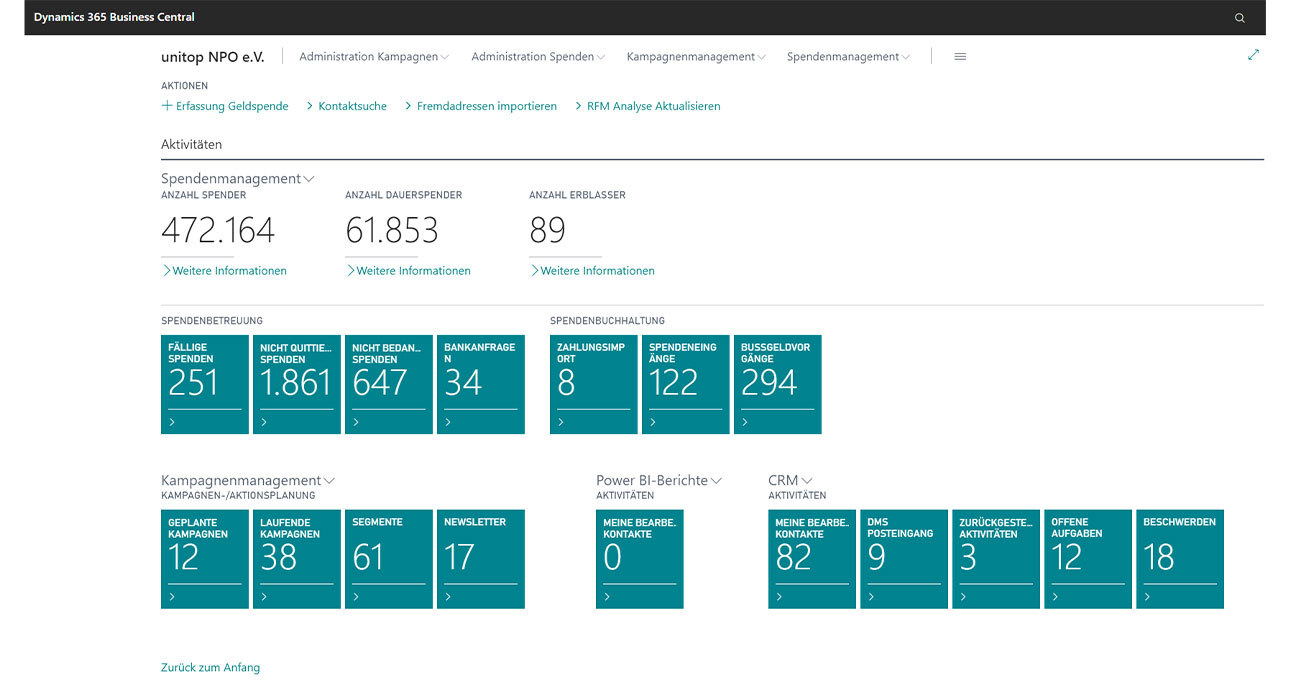 Screenshot von Spendenmanagement-Dashboard in unitop Fundraising