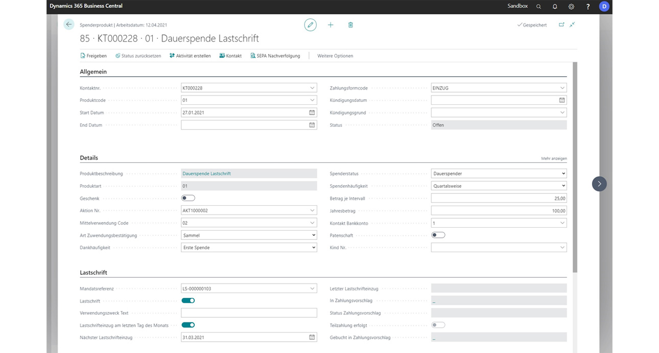 Screenshot von Spenderprodukt mit Dauerspende per Lastschrift in unitop Fundraising